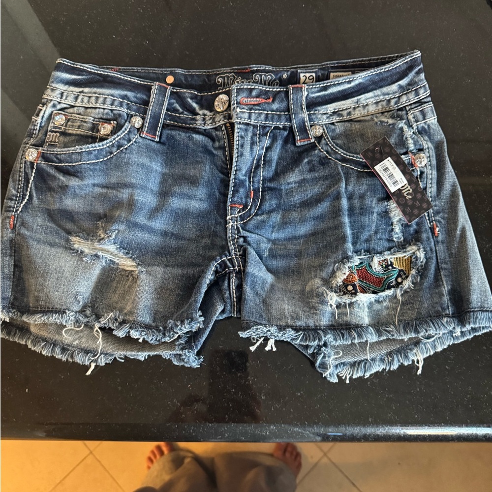 Miss Me Blue Jean Shorts with Distressed Details